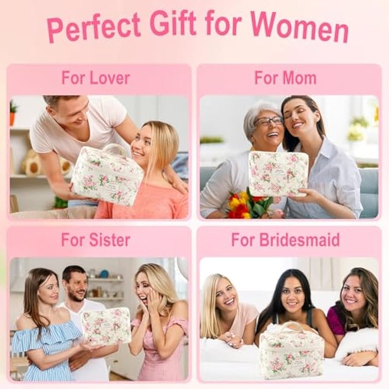 يورسكيتووس مجموعة شنط مكياج مبطنة بالقطن للنساء والفتيات من 3 قطع مقاس L للسفر بتصميم زهور وردية لطيفة، شنطة مكياج لطيفة لتخزين وتنظيم ادوات الزينة - Image 5